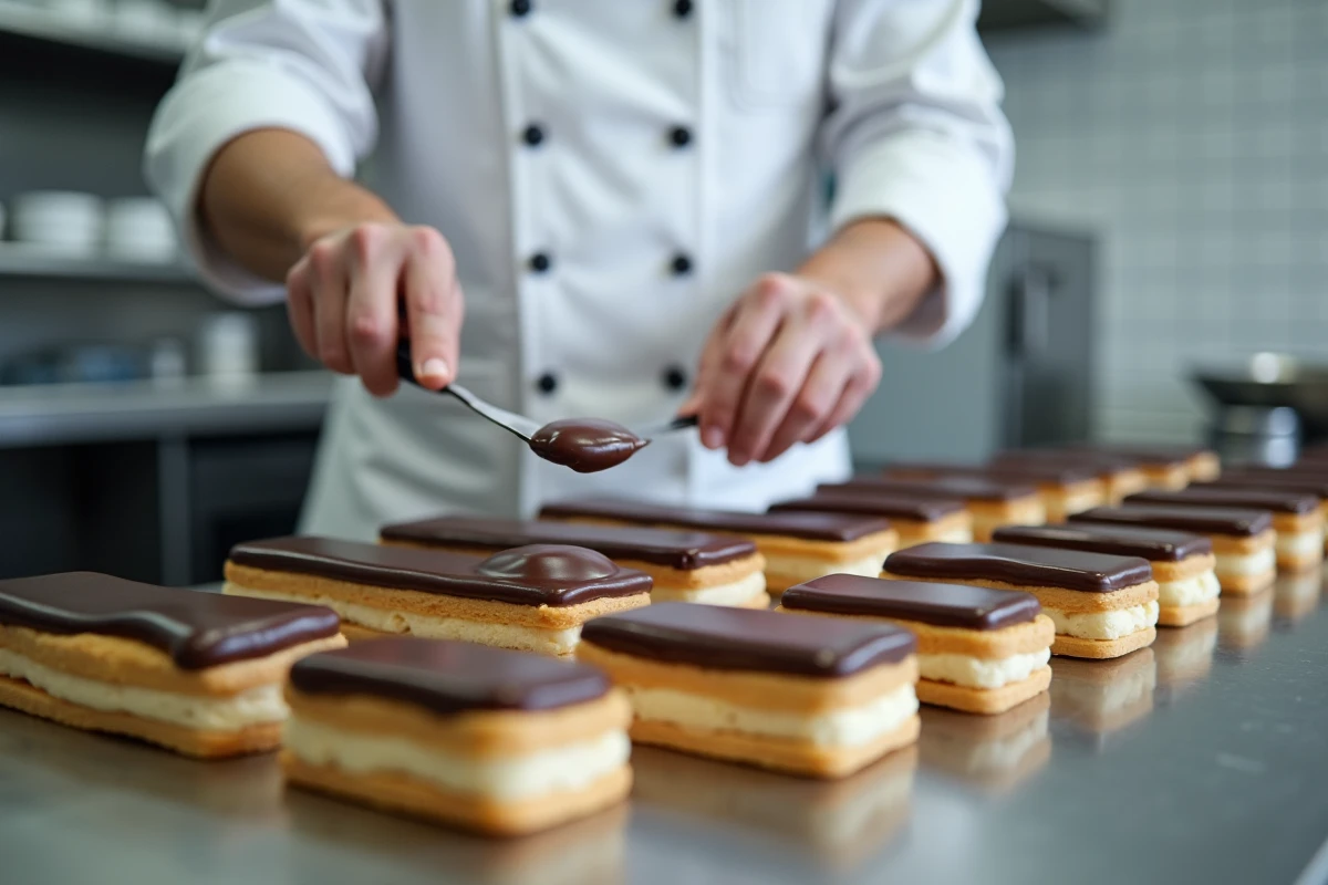 Chef pâtissier appliquant un glaçage au chocolat noir sur des mille-feuilles en cuisine professionnelle