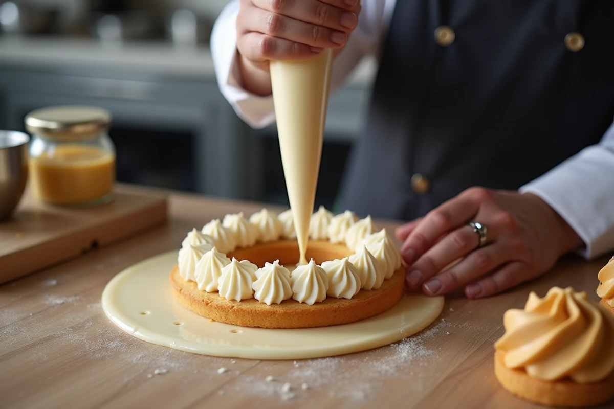 Chef pâtissier en train de pocher la crème mousseline praliné dans un Paris-Brest en cuisine professionnelle