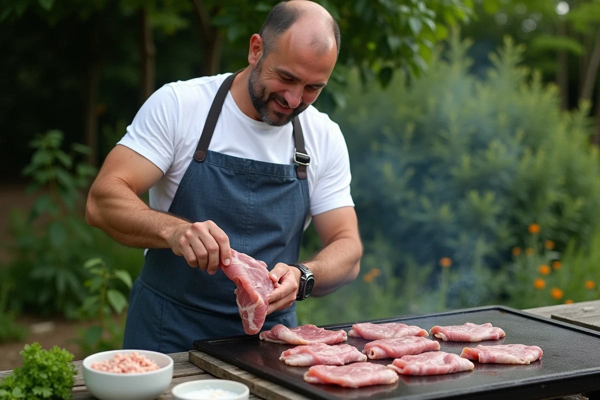 Chef en tablier posant des crépinettes de porc crues sur une plancha en acier lors d'une préparation estivale en plein air