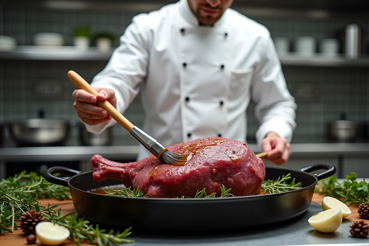 Chef professionnel en cuisine arrosant un gigot de chevreuil cru dans une cocotte en fonte avec une marinade au vin rouge et aux herbes aromatiques