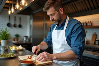 Chef en cuisine préparant une sauce avec des échalotes