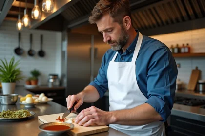 Chef en cuisine préparant une sauce avec des échalotes