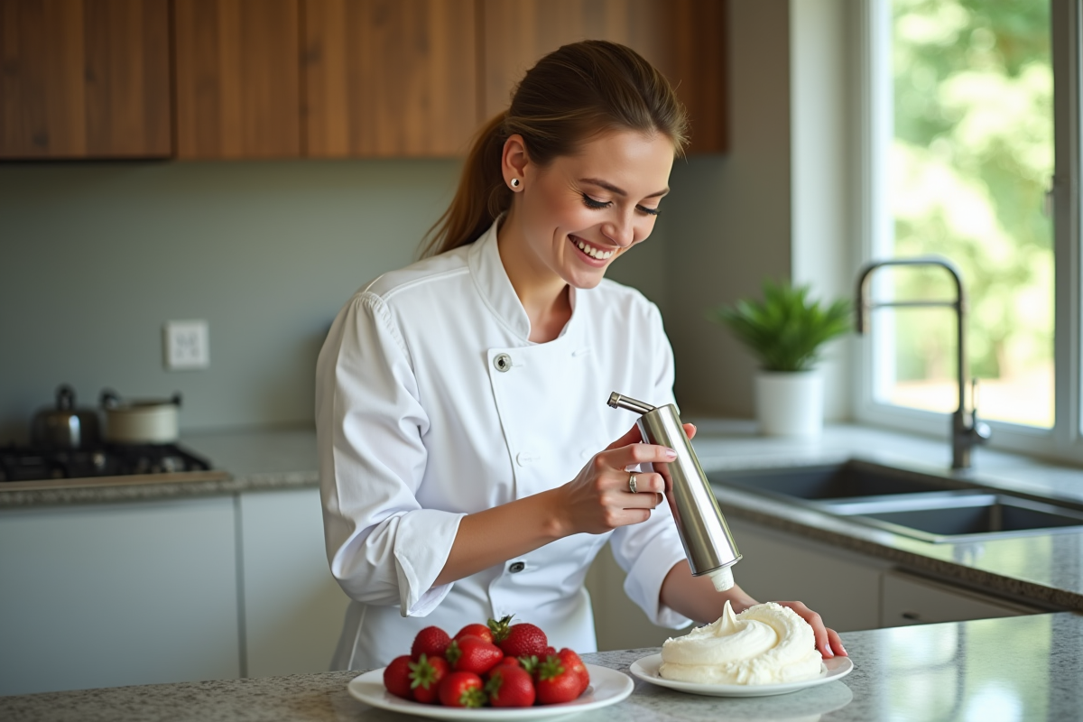 Femme en cuisine préparant de la crème fouettée avec siphon