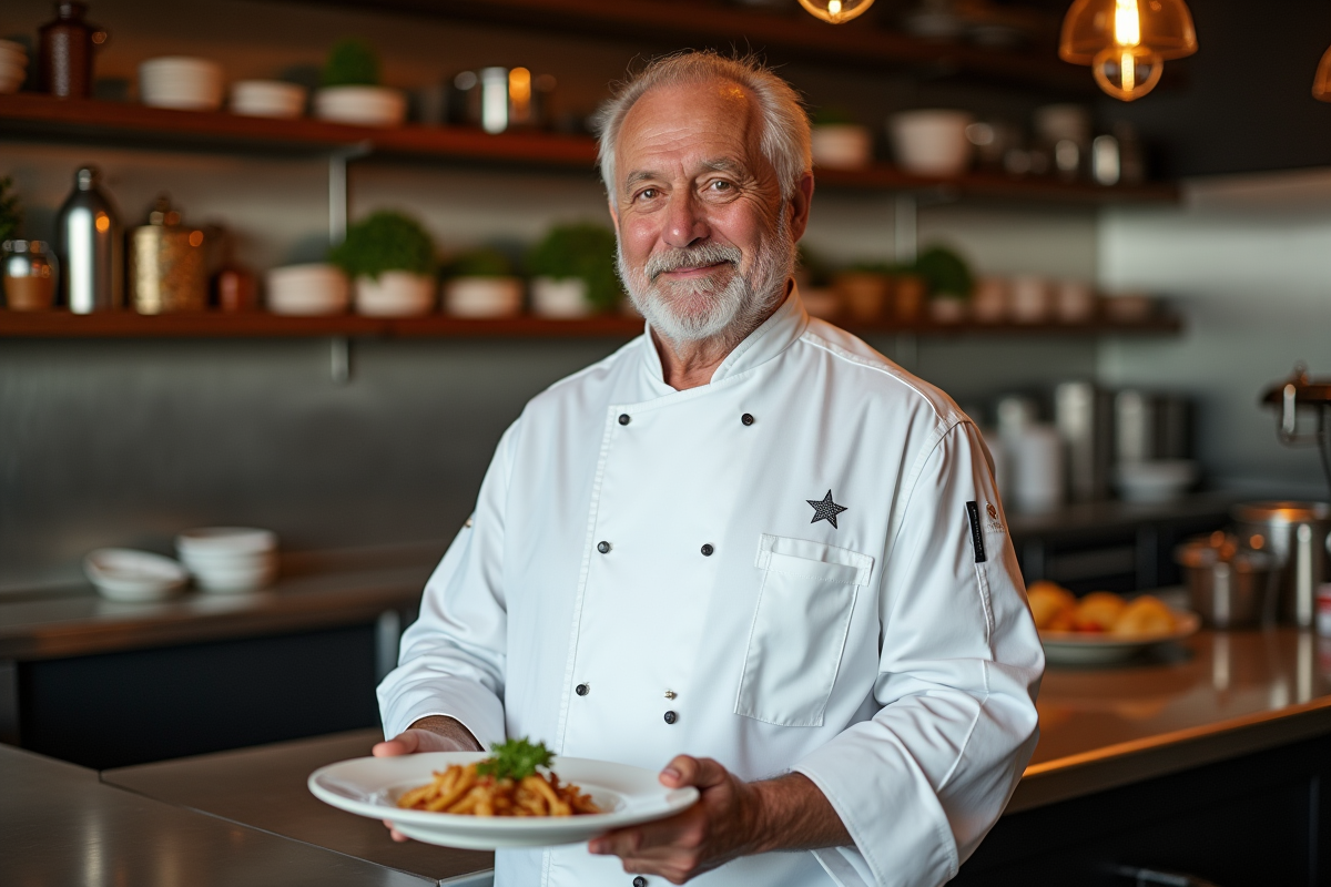 Chef en cuisine avec plat signature dans un restaurant élégant