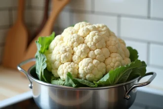 Chou-fleur entier dans un panier vapeur en inox posé sur une casserole, cuisine moderne aux tons bois clairs