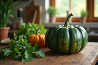 Citrouille verte sur table en bois dans une cuisine chaleureuse