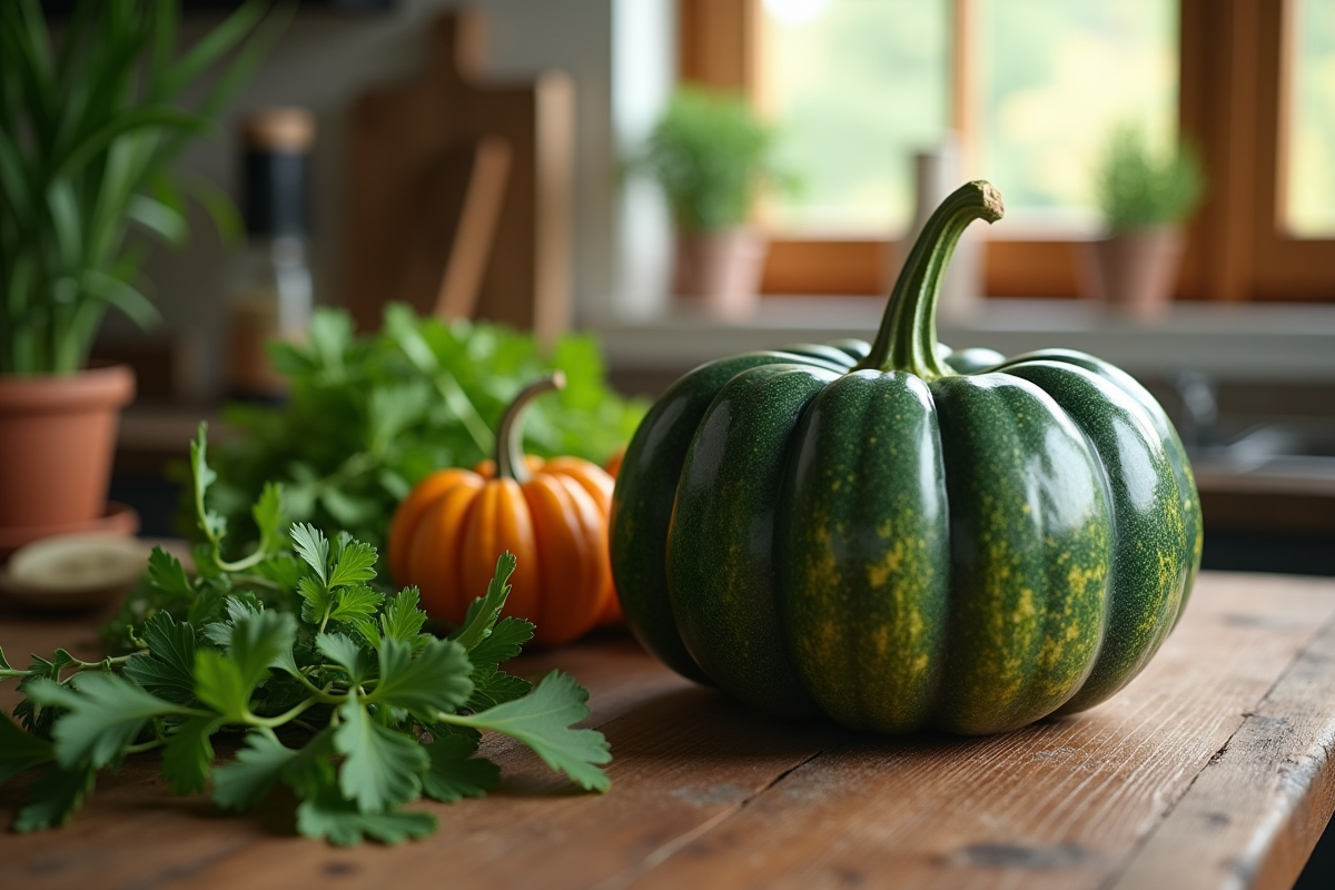 Citrouille verte sur table en bois dans une cuisine chaleureuse