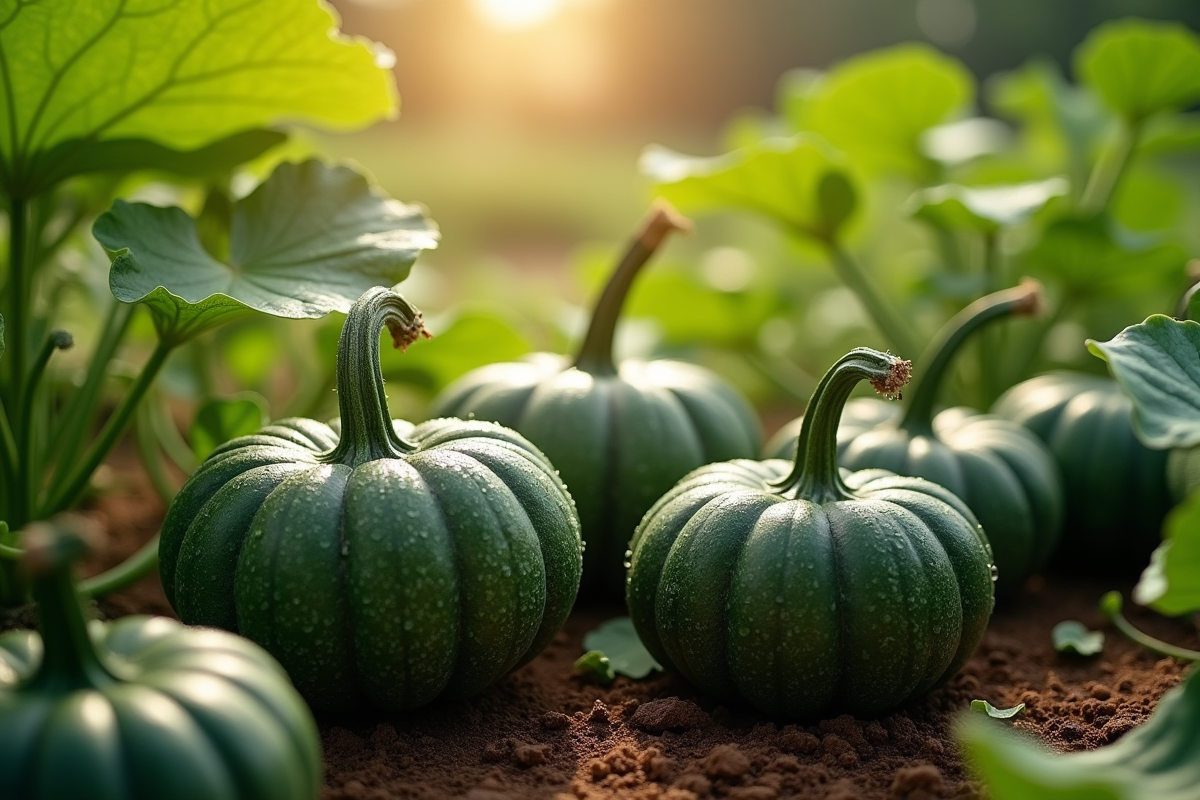 Plusieurs citrouilles vertes dans un jardin ensoleille avec rosée
