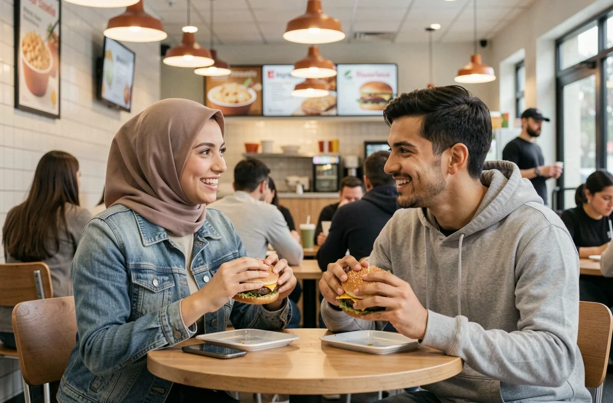Deux amis dégustant des burgers halal dans un restaurant fast-food moderne et animé