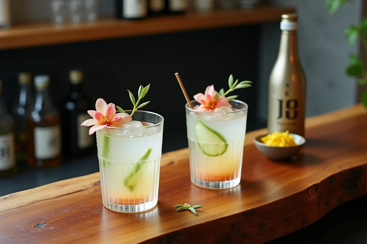 Deux verres de cocktail au Soju Tsubaki garnis de pétales de camélia et de concombre sur un comptoir de bar japonais contemporain