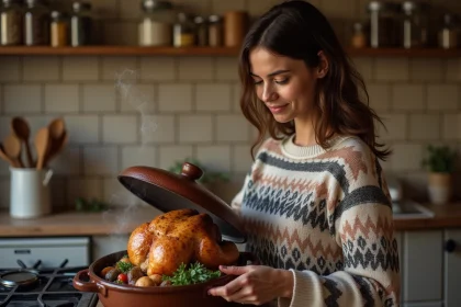 Femme en cuisine avec cocotte et capon doré