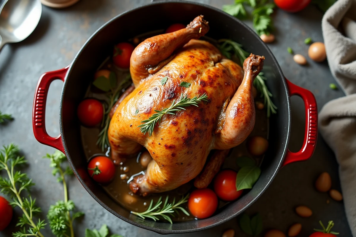 Capon rôti dans cocotte avec légumes et herbes
