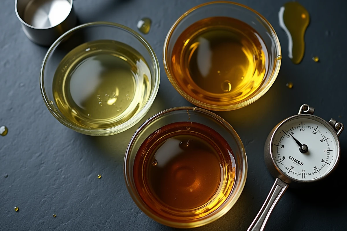 Vue de dessus de trois liquides différents eau miel et huile d'olive dans des bols en verre pour comparer densité et masse au litre