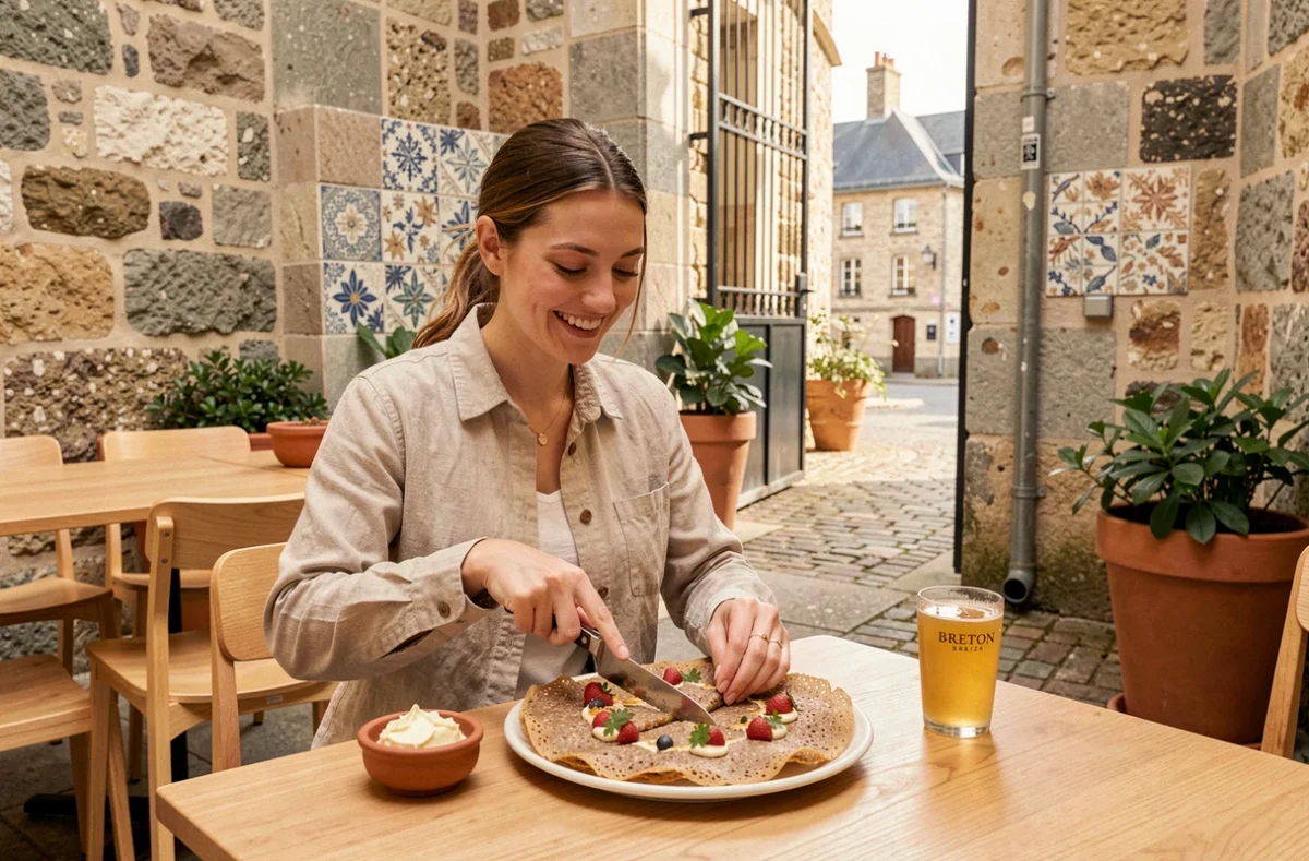 Terrasse du Comptoir Breizh Café à Saint-Malo, jeune femme souriante devant une galette de sarrasin garnie avec cidre breton dans une cour intérieure en granit