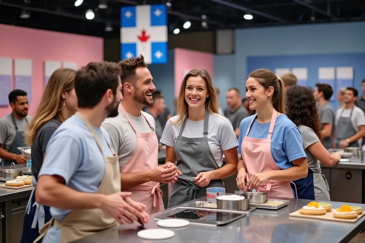 Groupe de candidats en concours de pâtisserie au studio TV
