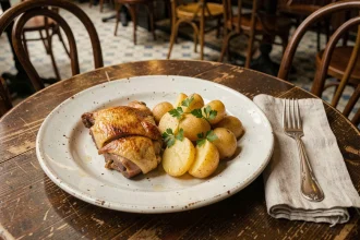 Assiette de confit de canard avec pommes sarladaises dans un bistrot français rustique