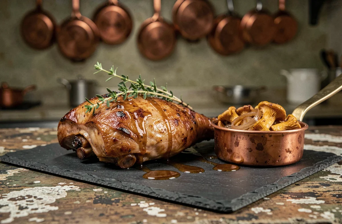 Confit de canard accompagné de champignons dorés et oignons caramélisés sur ardoise en bistrot