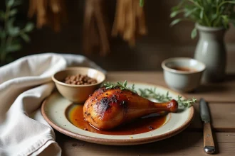 Confit de canard croustillant servi avec des lentilles du Puy dans une assiette rustique sur table en chêne