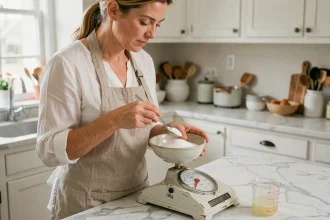 Femme mesurant 150g de sucre sur une balance de cuisine vintage avec un bol en céramique et un verre doseur en cl