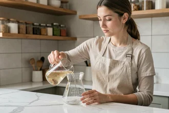 Femme versant 40 cl de liquide dans une carafe avec un verre doseur gradué sur un plan de travail en marbre blanc