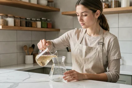 Femme versant 40 cl de liquide dans une carafe avec un verre doseur gradué sur un plan de travail en marbre blanc