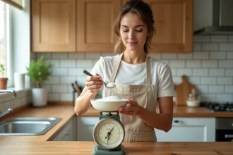 Femme versant du sucre en poudre sur une balance de cuisine analogique pour convertir des grammes en centilitres