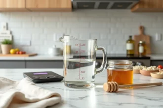 Cruche graduée avec eau, miel et huile d'olive sur une balance de cuisine pour illustrer la conversion litre en kg