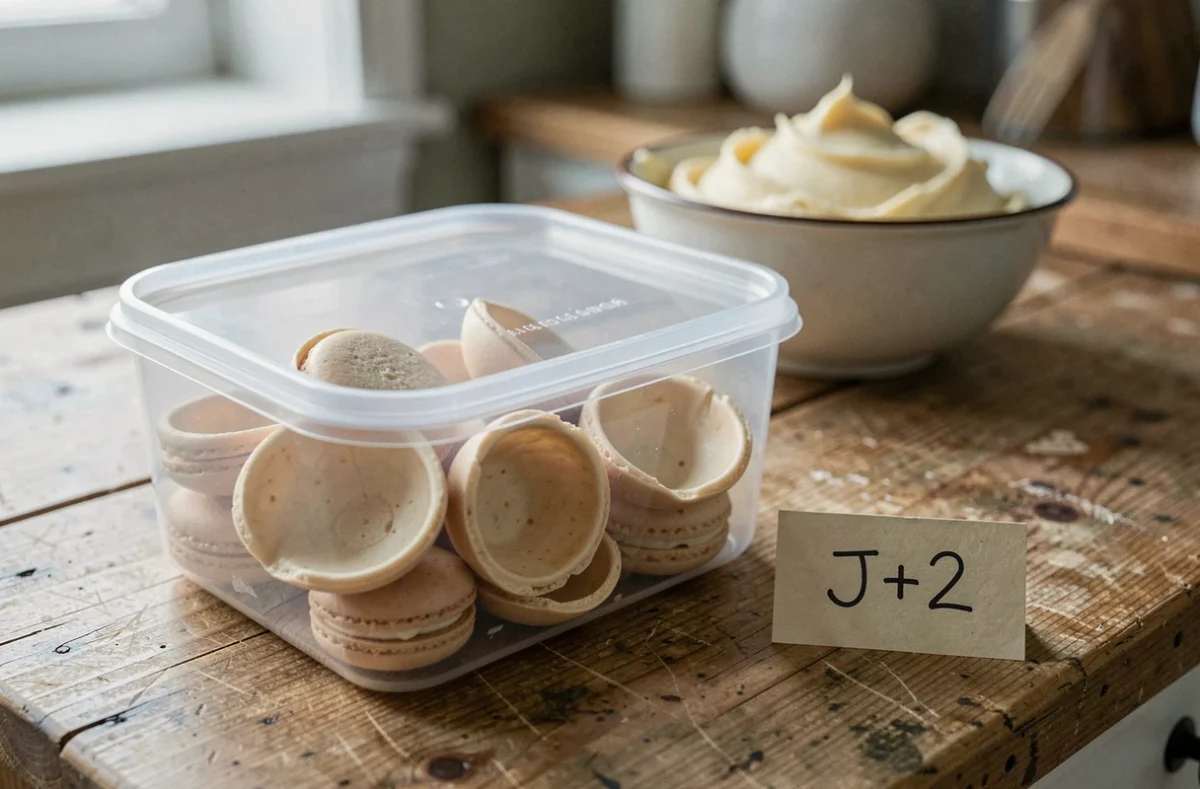Coques de macarons vides conservées dans une boîte hermétique transparente avec une étiquette indiquant le délai avant garnissage