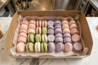 Coques de macarons vides disposées en rangées dans une boîte de pâtisserie ouverte sur un comptoir en marbre blanc