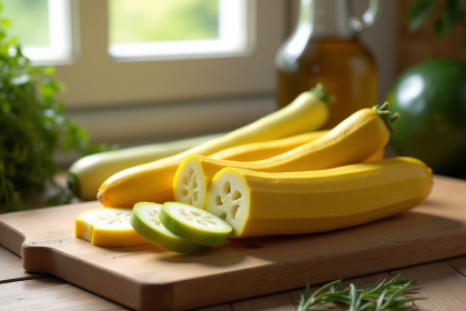 Courgette jaune tranchée sur planche en bois avec huile et herbes