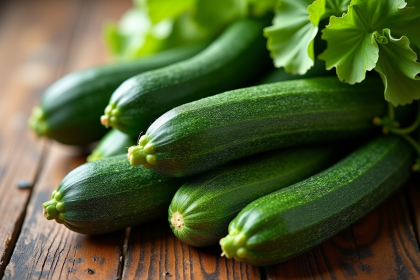 Courgettes et concombres frais sur une table en bois