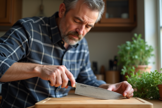 Homme concentré examinant un couteau de cuisine dans une cuisine chaleureuse