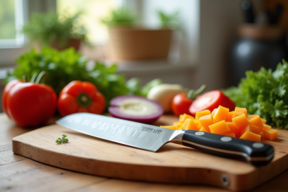 Couteau santoku japonais sur planche en bois avec légumes frais