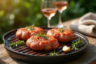 Crépinettes de porc grillées sur plancha avec thym frais et ail lors d'une grillade estivale en terrasse