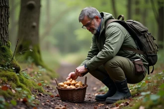 Homme cueillant des champignons dans la forêt dense