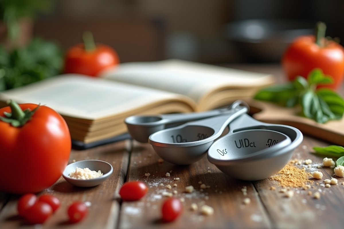 Cuillères de mesure et ingrédients frais en cuisine