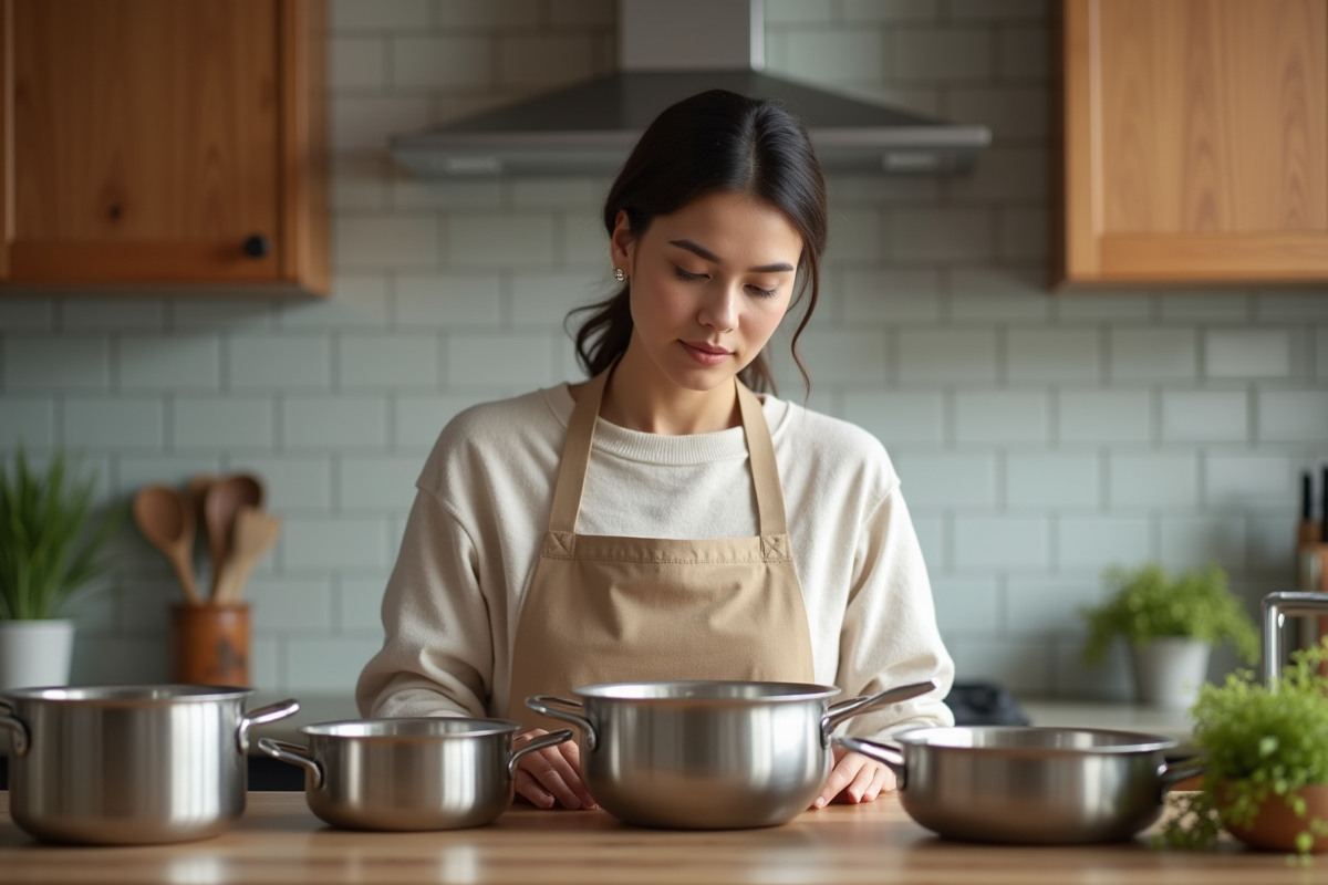 Femme en cuisine compare casseroles en acier et céramique