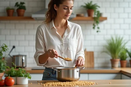 Jeune femme en cuisine préparant un houmous aux pois chiches
