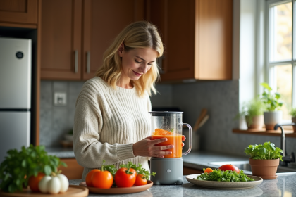 Femme en pull tricoté mixant légumes dans un blender moderne