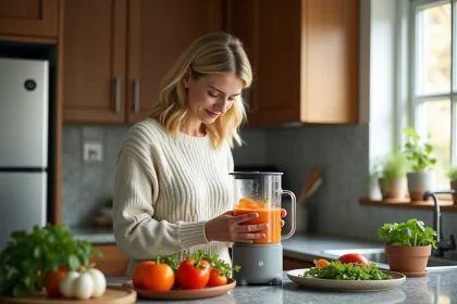 Femme en pull tricoté mixant légumes dans un blender moderne