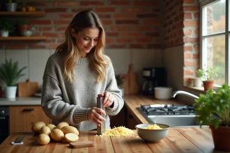 Jeune femme râpant des pommes de terre dans une cuisine chaleureuse