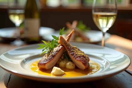 Assiette gourmet de lapin à la moutarde avec vin blanc