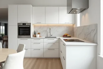 Cuisine IKEA avec électroménager encastrable intégré, four et plaque induction encastrés dans des meubles blancs scandinaves