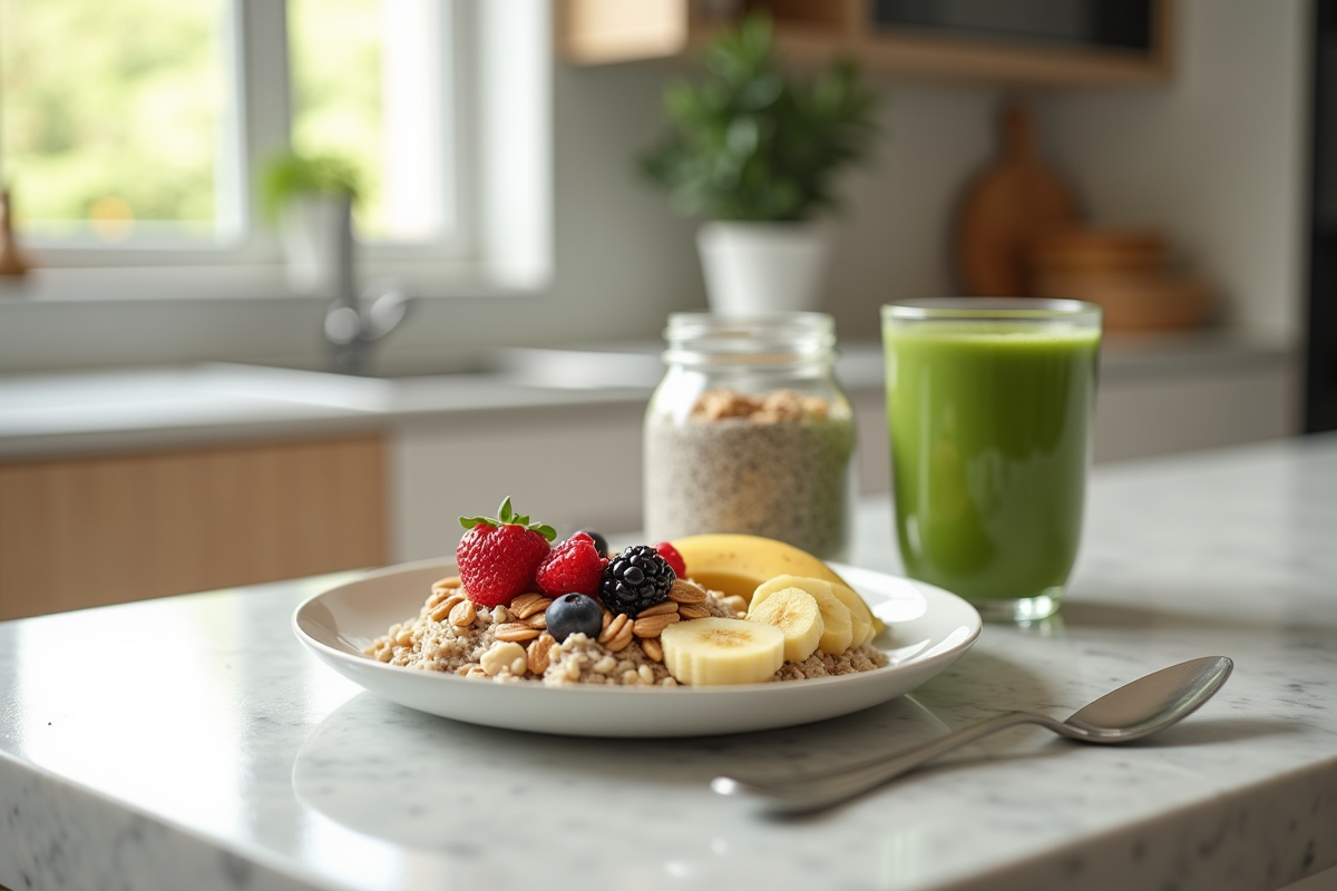 Cuisine moderne avec bol de flocons et smoothie vert