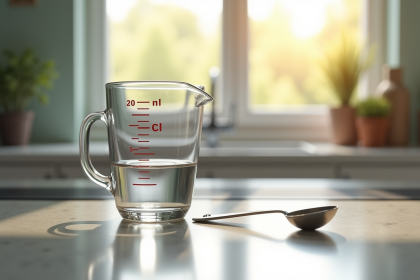 Plan de cuisine avec un petit verre doseur d'eau et une cuillère
