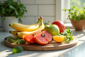 Plan de cuisine moderne avec fruits tranchés et herbes fraîches