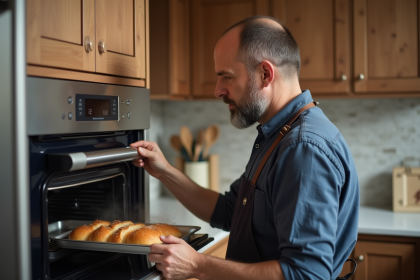 Homme d'âge moyen ouvrant un four vapeur moderne en cuisine