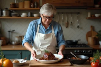 Cuisinier français en cuisine préparant un agneau mijote