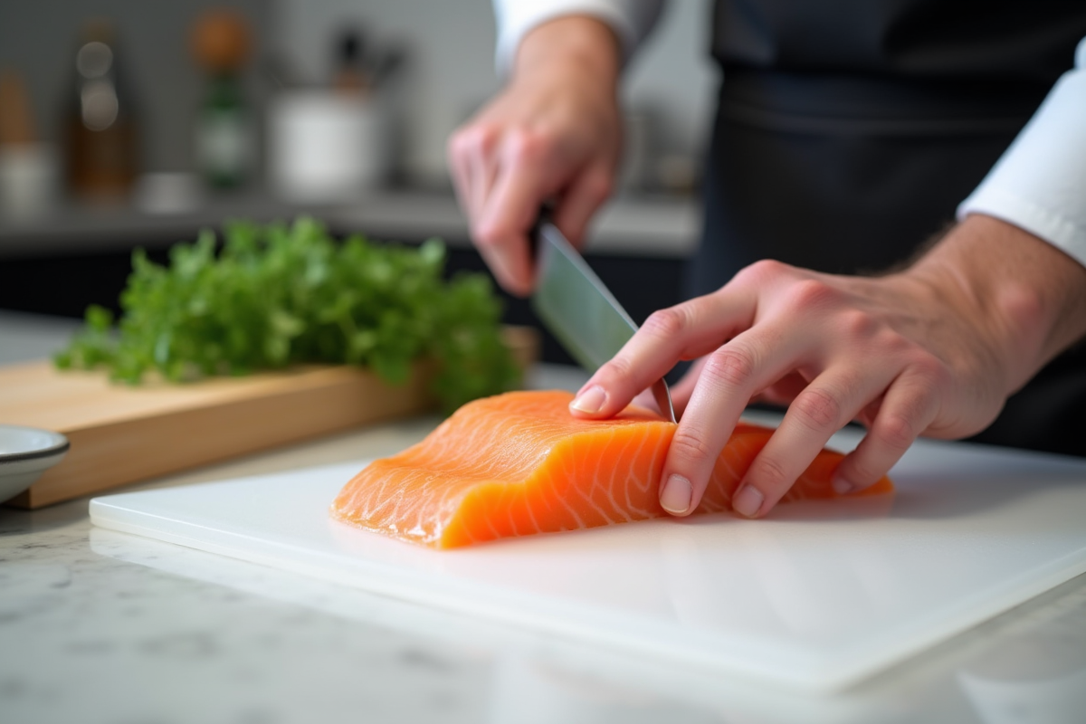 Chef tranchant du saumon avec un couteau santoku sur plan de travail blanc