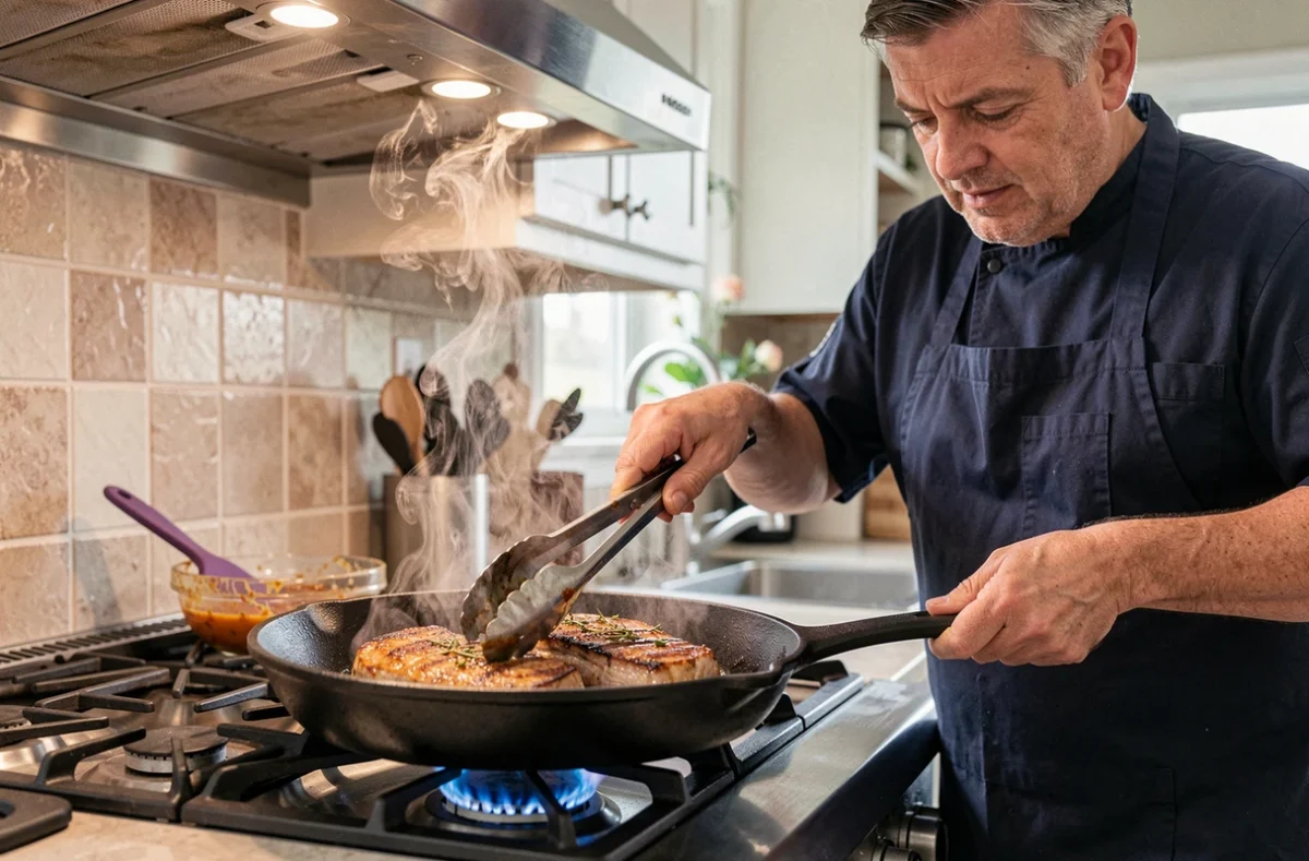 Homme faisant cuire des côtelettes de porc marinées dans une poêle en fonte sur une cuisinière à gaz, avec des herbes caramélisées